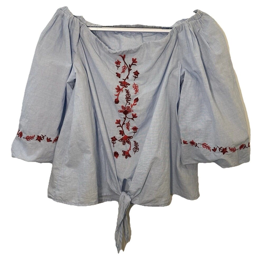 BeachLunchLounge Embroidered Peasant Top Blue Red Floral Tie Front L